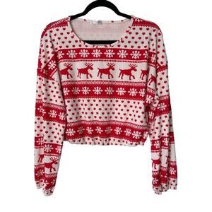 Ekouaer Sleepwear Womens Size L Red‎ White Long Sleeve Cropped Winter Pajama Top